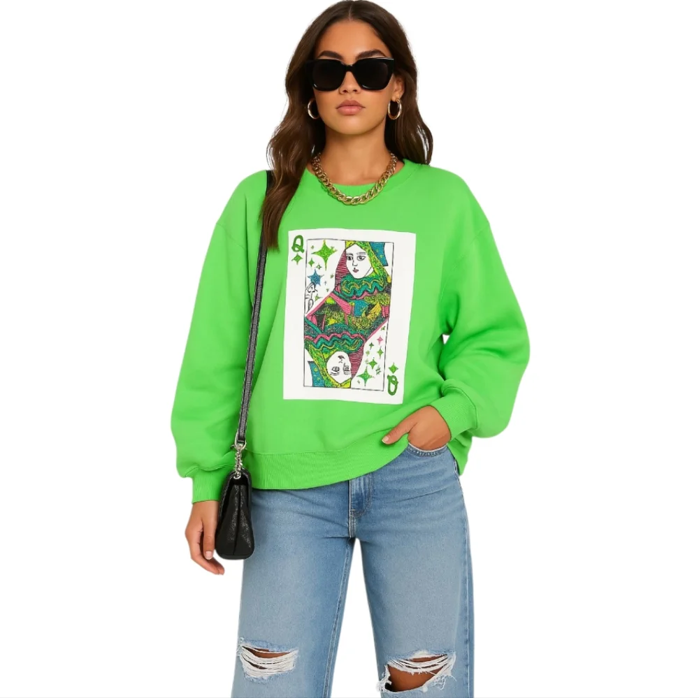 QUEEN OF SPARKLES Sweatshirt Beaded Queen Of Diamonds Card Logo Bright Green XL - Picture 1 of 11